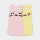 Girls' Pastel Pink and Light Yellow Regular Fit Cat Design Pack of 2 Socks, Yellow, small image number null