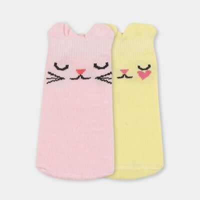 Girls' Pastel Pink and Light Yellow Regular Fit Cat Design Pack of 2 Socks