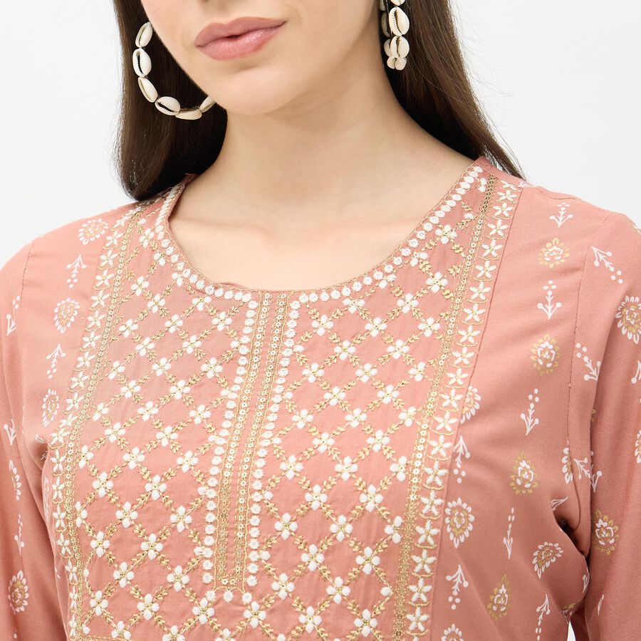 Women's Bright Pink Round Neck Solid Kurti, गुलाबी, large