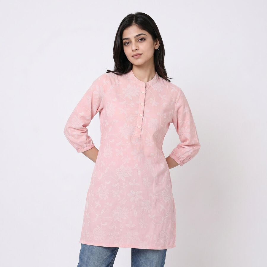 Women's Pink Mandarin Collar Floral Printed Kurta, Light Pink, large