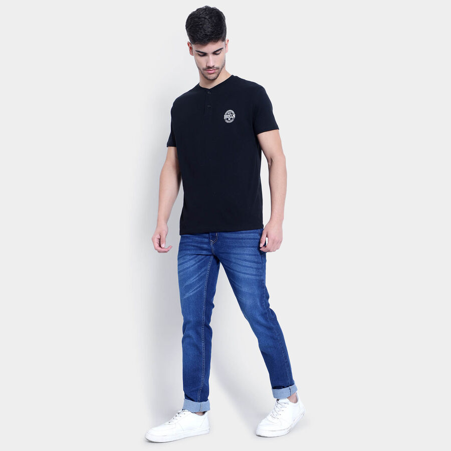 Cotton Solid Henley T-Shirt, Black, large image number null