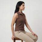 Women's Brown Polo Collar Casual T-Shirt, Brown, small
