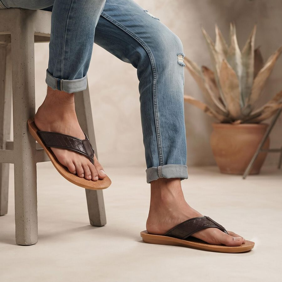 Men's Tan PU Thong Slip-On Sandals, Tan, large