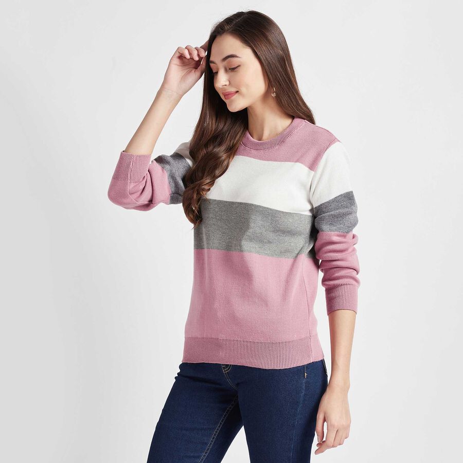 Stripes Round Neck Pullover, Pink, large image number null