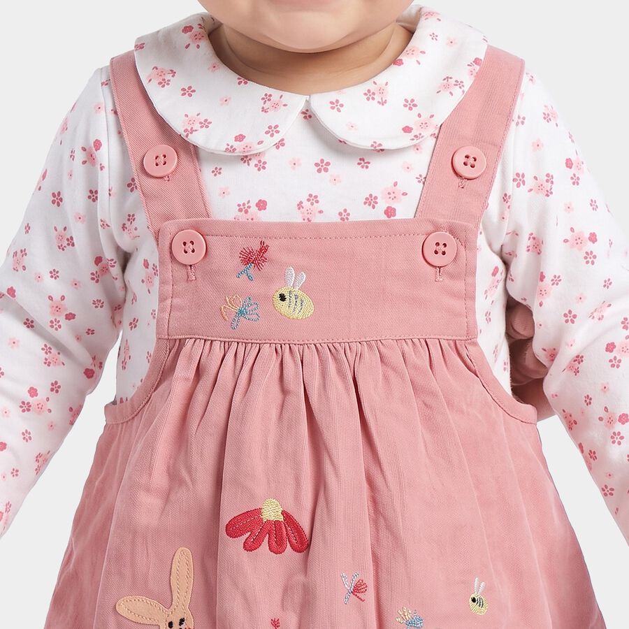 Infants' Pink Cotton Fit and Flare Embroidered Pinafore Frock, Light Pink, large
