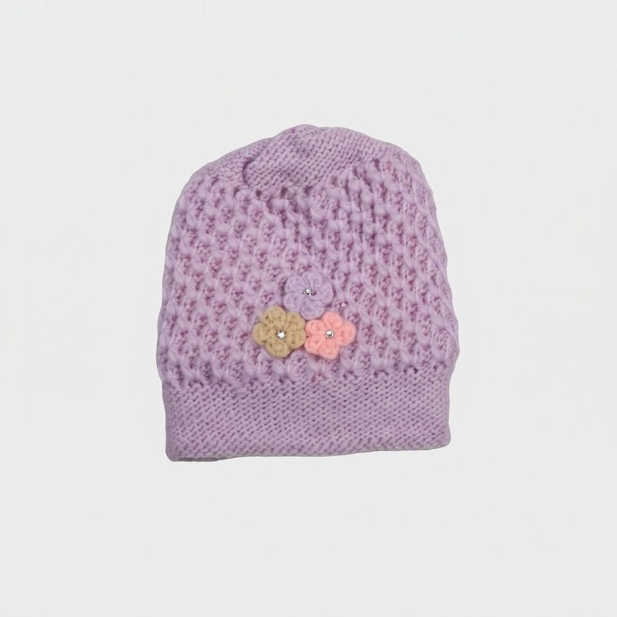 Women's Lilac Floral Embellished Beanie Cap, लाइलेक, large