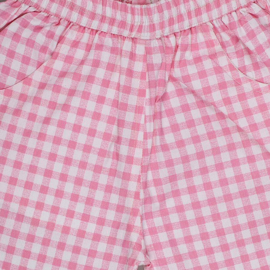 Girls' White Cotton Printed T-Shirt and Pink Gingham Shorts Set, White, large image number null