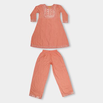 Girls' Muted Peach Embroidered Kurta and Pant Fusion Set