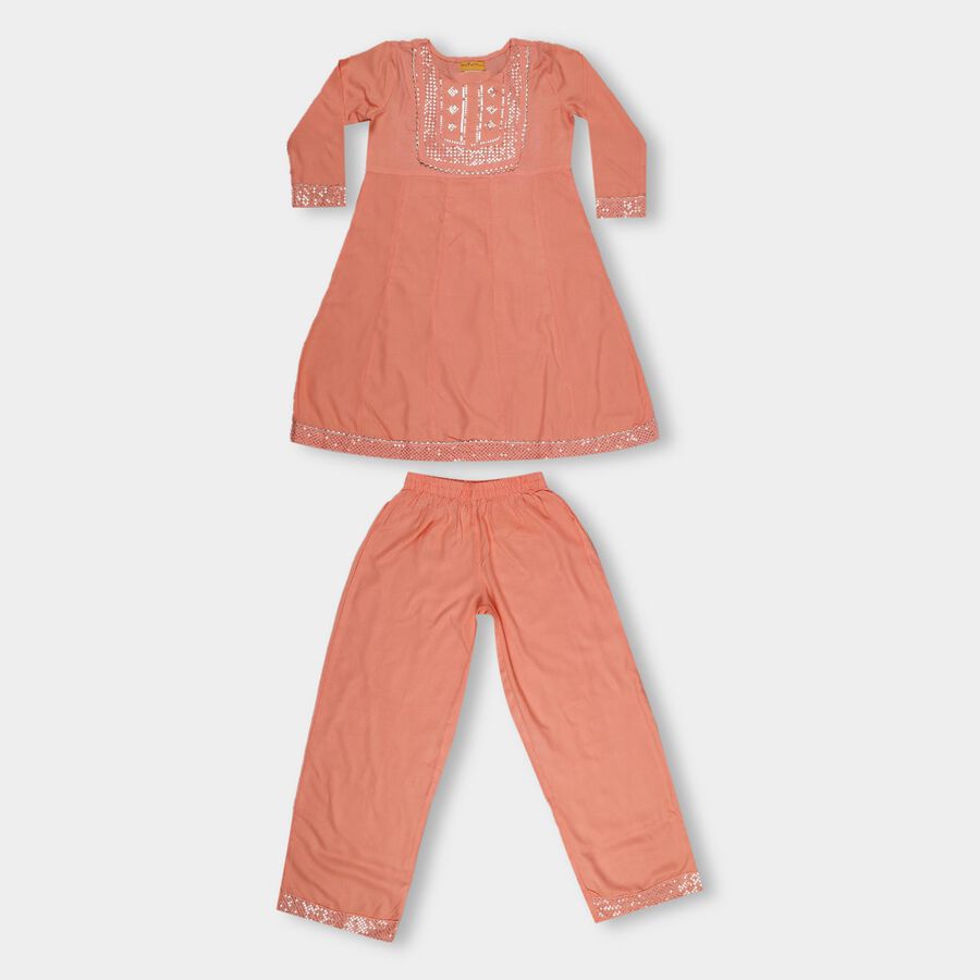 Girls' Muted Peach Embroidered Kurta and Pant Fusion Set, पीच, large image number null