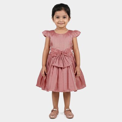 Girls' Pink Bow Embellished Pleated Party Wear Frock
