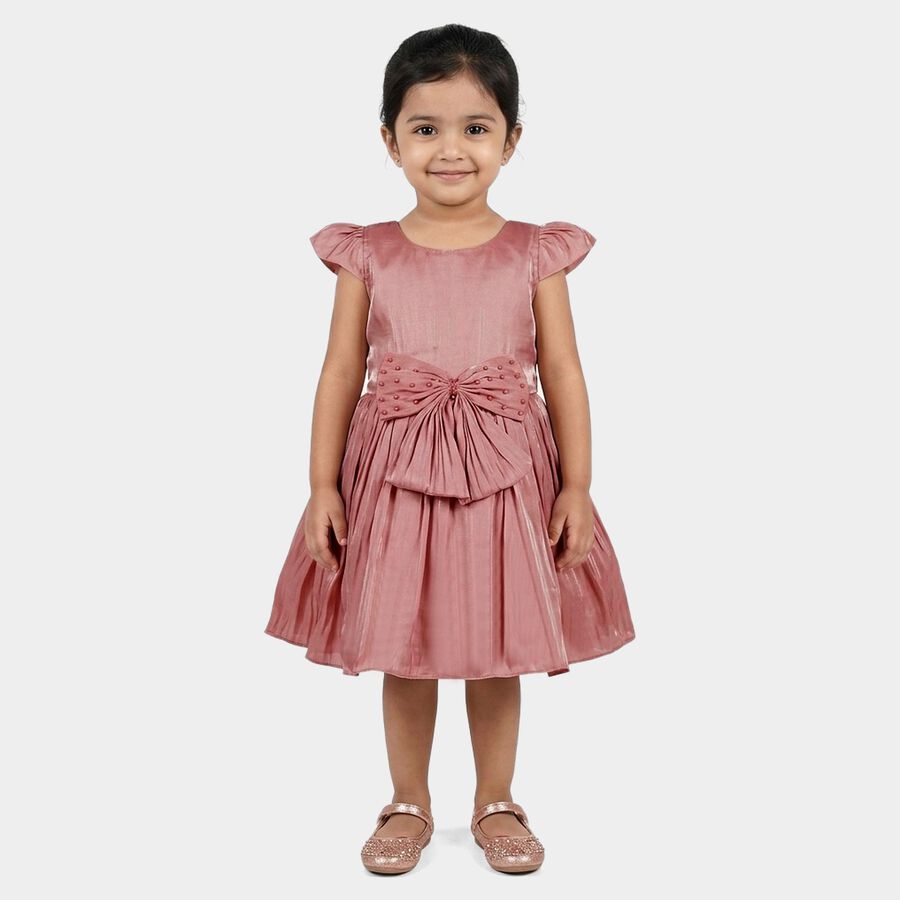 Girls' Pink Bow Embellished Pleated Party Wear Frock, हल्का गुलाबी, large