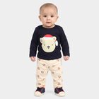 Infants' Navy Blue Cotton Round Neck Teddy Graphic Print Baba Suit, Navy Blue, small