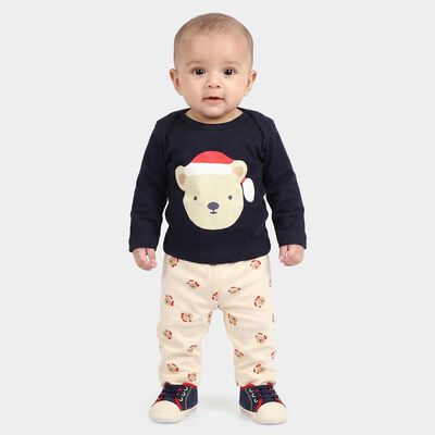 Infants' Navy Blue Cotton Round Neck Teddy Graphic Print Baba Suit