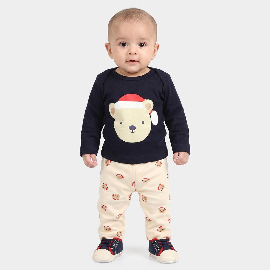 Infants' Navy Blue Cotton Round Neck Teddy Graphic Print Baba Suit, Navy Blue, large