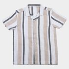 Boys' Beige Striped Camp Collar Shirt, Beige, small