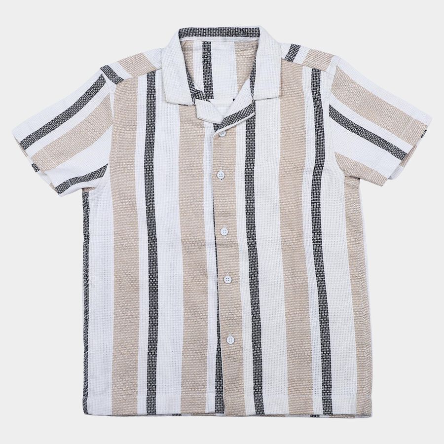 Boys' Beige Striped Camp Collar Shirt, Beige, large