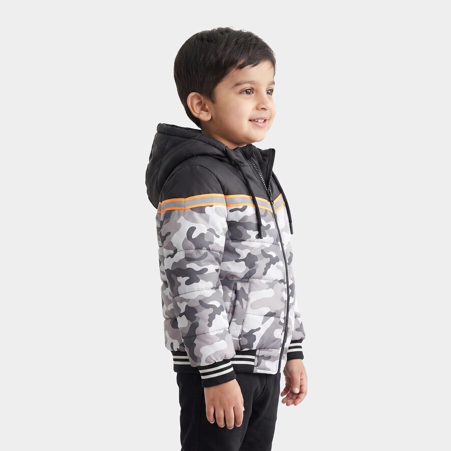 Boys Grey Hooded Puffer Jacket, Dark Grey, large