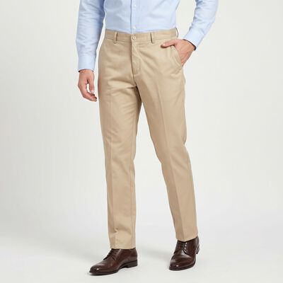 Men's Beige Slim Fit Flat-Front Formal Trousers