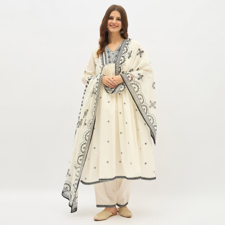 Women's White Cotton Embroidered Ethnic Set, ऑफ व्हाइट, large image number null