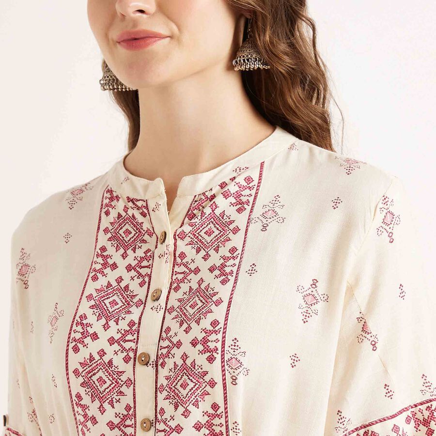 Printed 3/4th Sleeve Kurta, ऑफ व्हाइट, large image number null