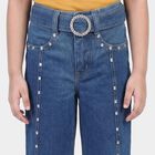Girls Blue Flared Fit Studded Jeans, मध्यम नीला, small