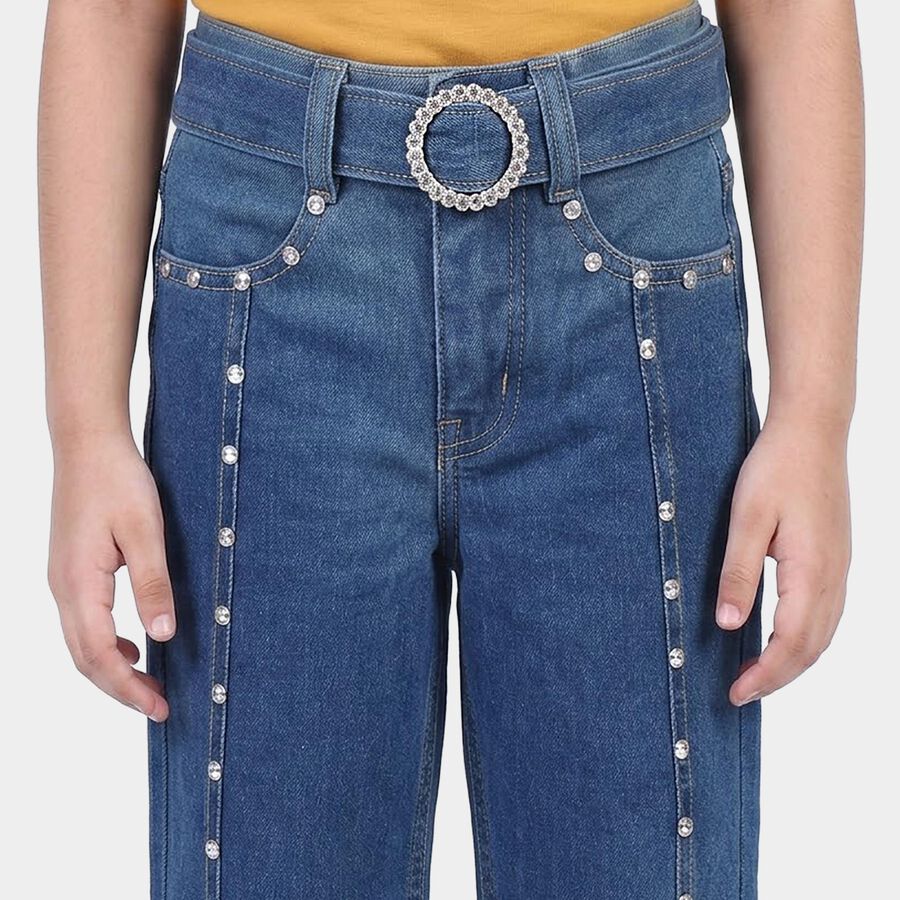 Girls Blue Flared Fit Studded Jeans, मध्यम नीला, large