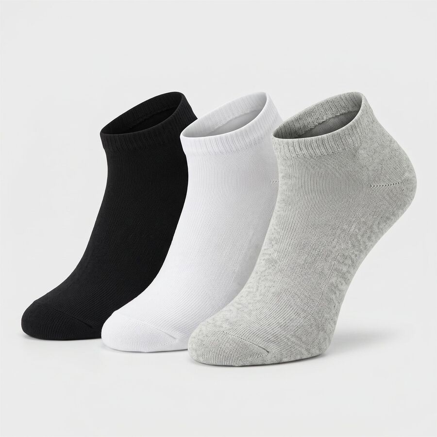 Men's Ankle Length Regular Fit Solid Pack of 3 Socks ( Black, Grey, White ), Black, large