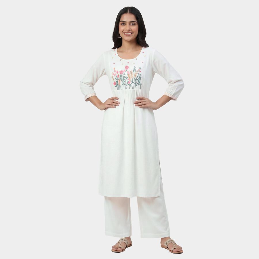 Women's White Cotton Round Neck Straight Kurta, White, large