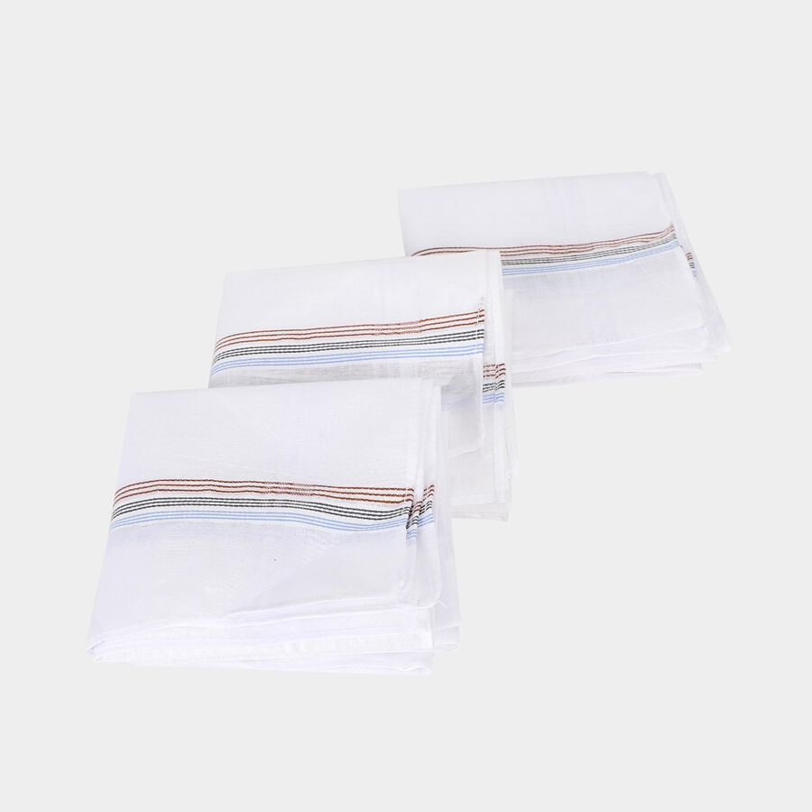 Men's White Striped Pack of 3 Handkerchief, सफ़ेद, large