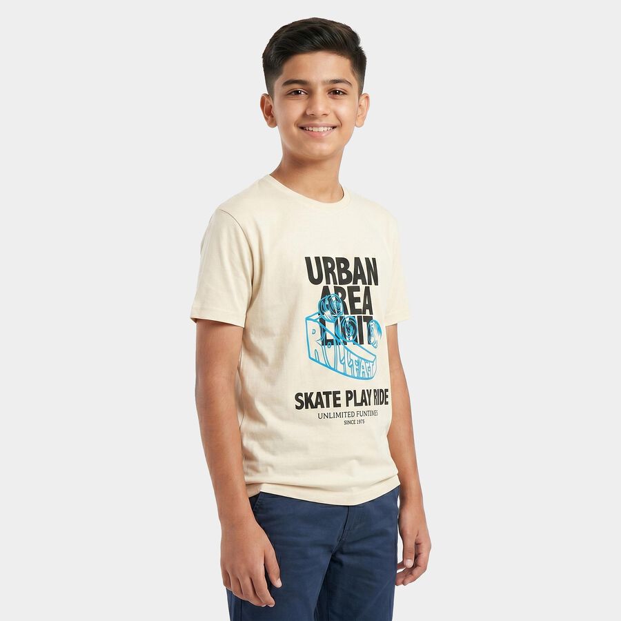 Boys' Off White Round Neck Regular Boys T-Shirt, Off White, large