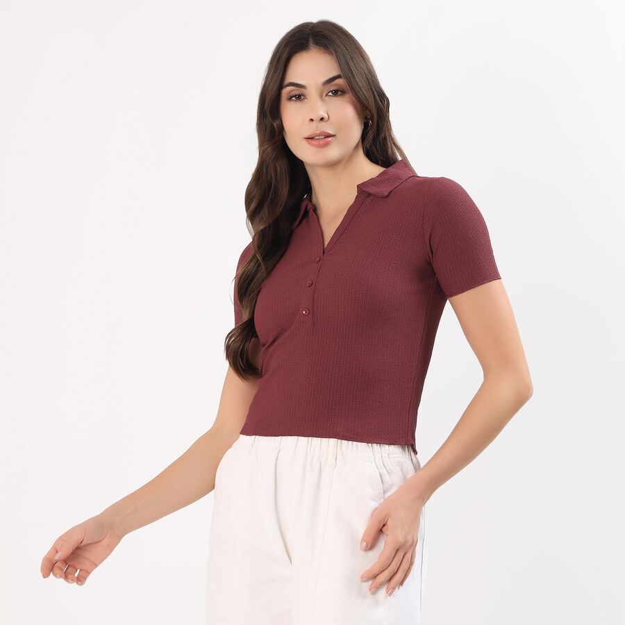 Women's Deep Wine Polo Collar Classic Polo T-Shirt, वाइन, large