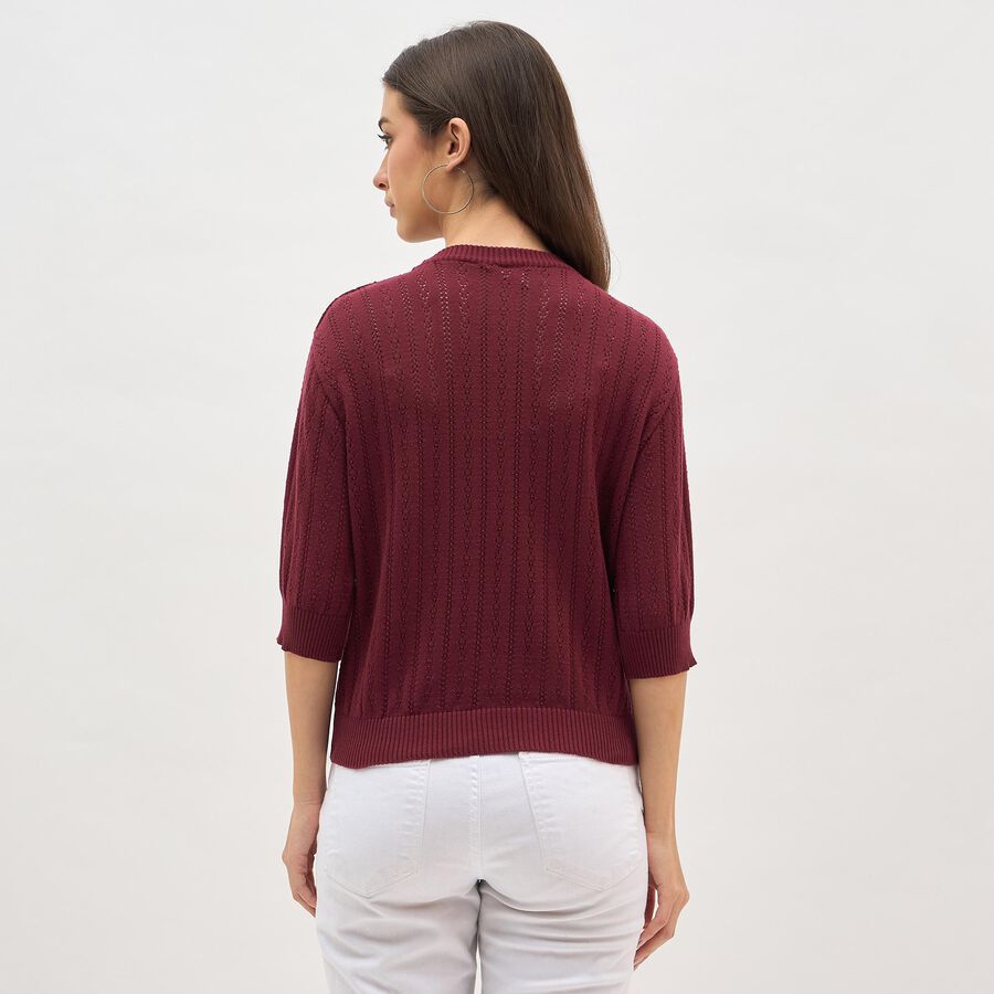 Women's Deep Maroon Crew Neck Casual Knitted Top, वाइन, large