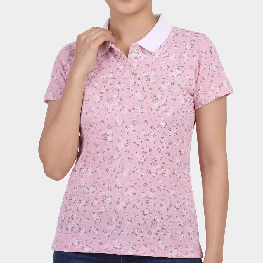 Women's Pink Cotton Polo Neck Preppy Polo T-Shirt, Light Pink, large
