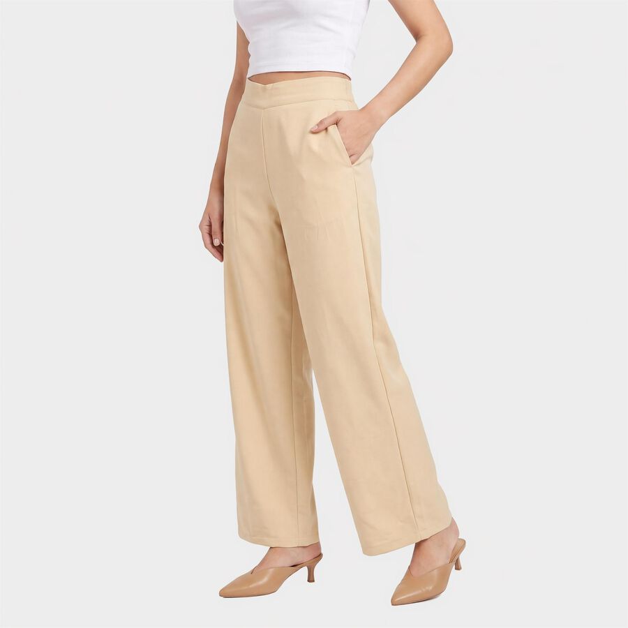 Women Beige Wide Leg High Rise Solid Trousers, गहरा पीला, large