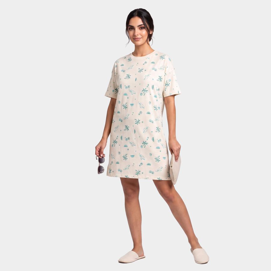 Women's Off White Cotton Round Neck T-Shirt Style Nighty, ऑफ व्हाइट, large