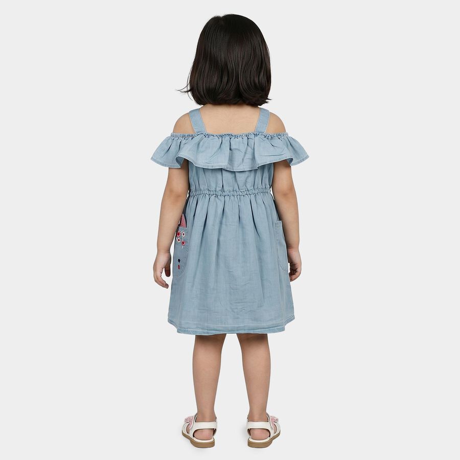Girls' Light Blue Fit and Flare Ruffle Cold Shoulder Frock, हल्का नीला, large