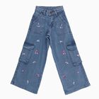 Girls' Light Blue Wide Leg Embroidered Cargo Jeans, Mid Blue, small