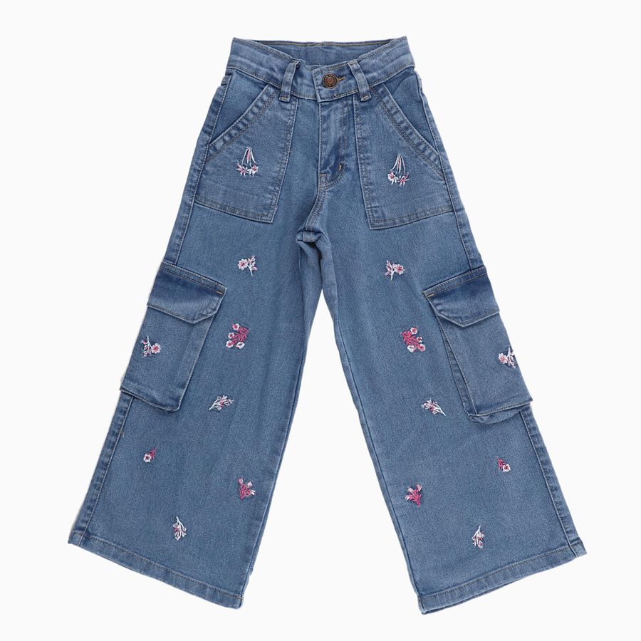 Girls' Light Blue Wide Leg Embroidered Cargo Jeans, Mid Blue, large