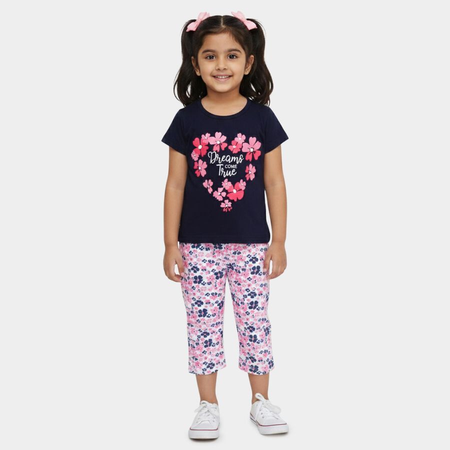 Girls' Navy Blue Round Neck Graphic Top and Capri Set, नेवी ब्लू, large