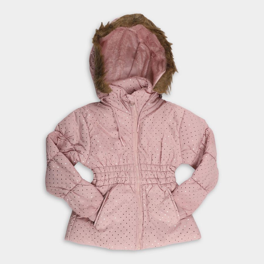 Girls' Soft Dusty Pink Hooded Polka Dot Jacket, Pink, large image number null