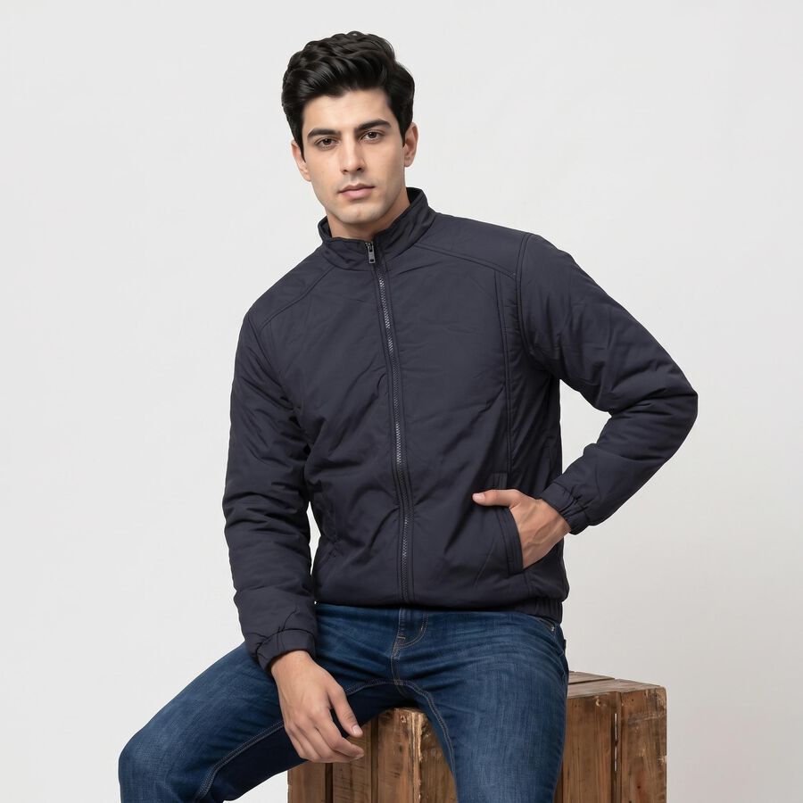 Men's Navy Blue Stand Collar Bomber Jacket, Navy Blue, large