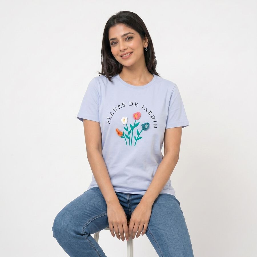 Women's Light Blue Cotton Round Neck Regular T-Shirt, Light Blue, large
