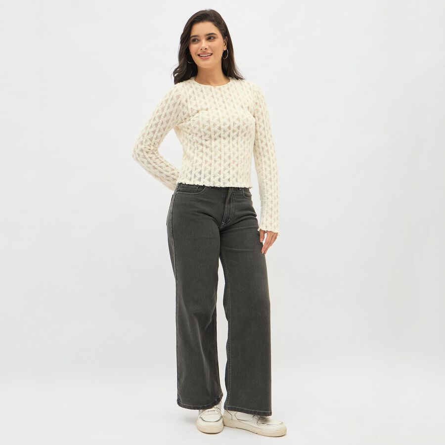 Women's Off White Round Neck Casual Top, ऑफ व्हाइट, large