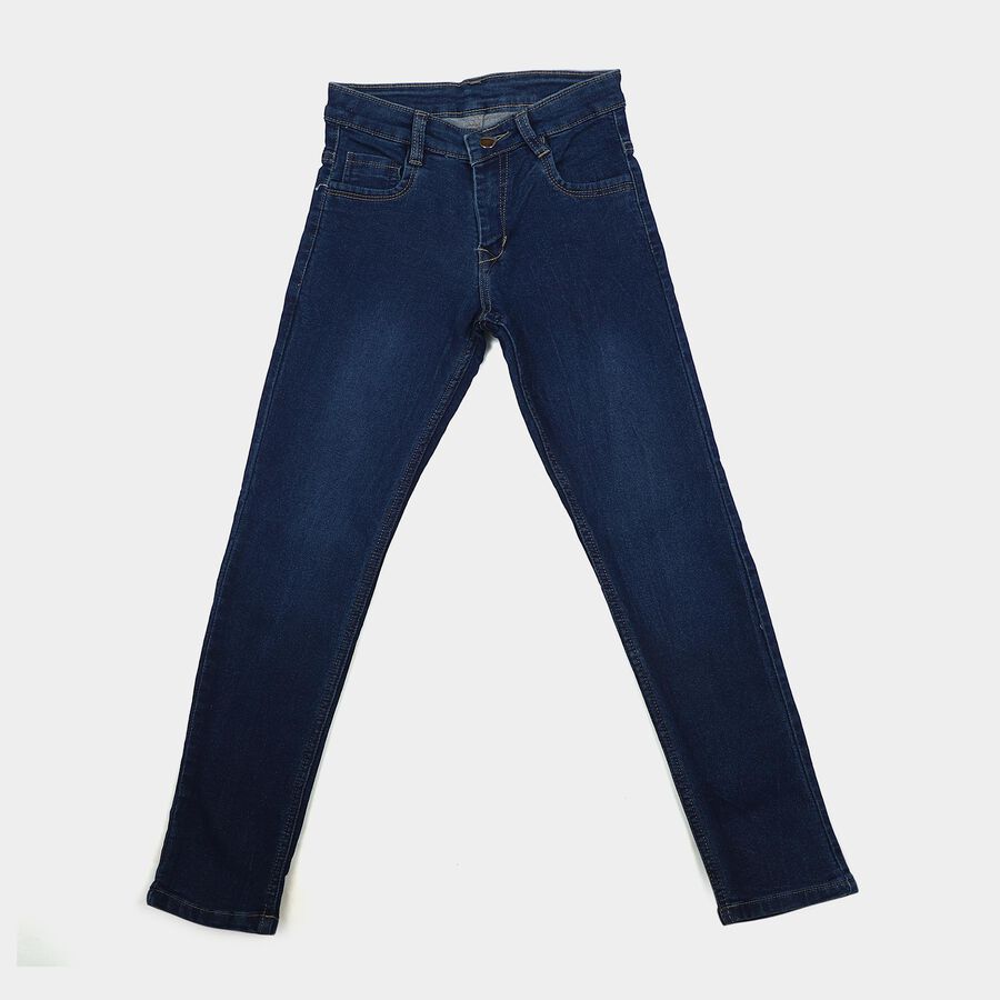 Boys Navy Blue Slim Fit Washed Jeans, गहरा नीला, large