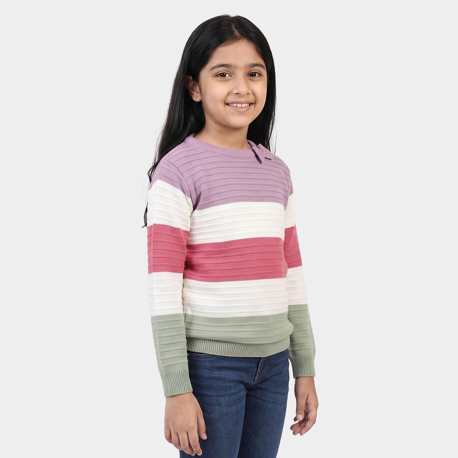 Girls Pink Crew Neck Striped Pullover, Pink, large