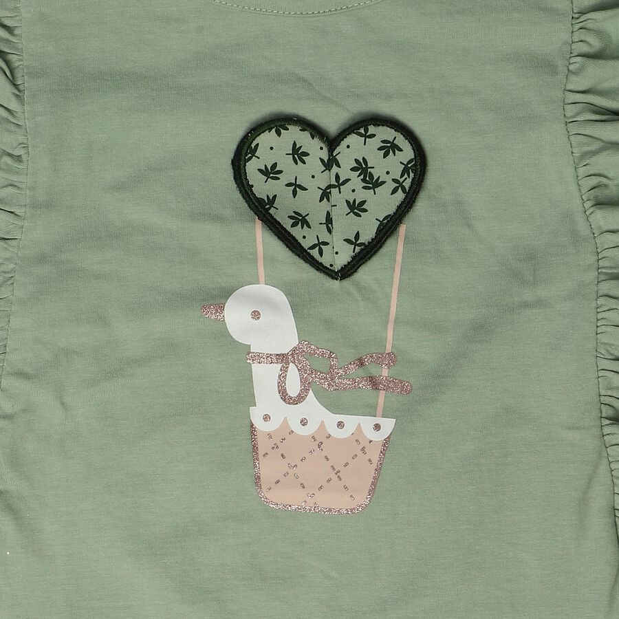 Girls' Mint Green Cotton Round Neck Graphic Print T-Shirt, Light Green, large