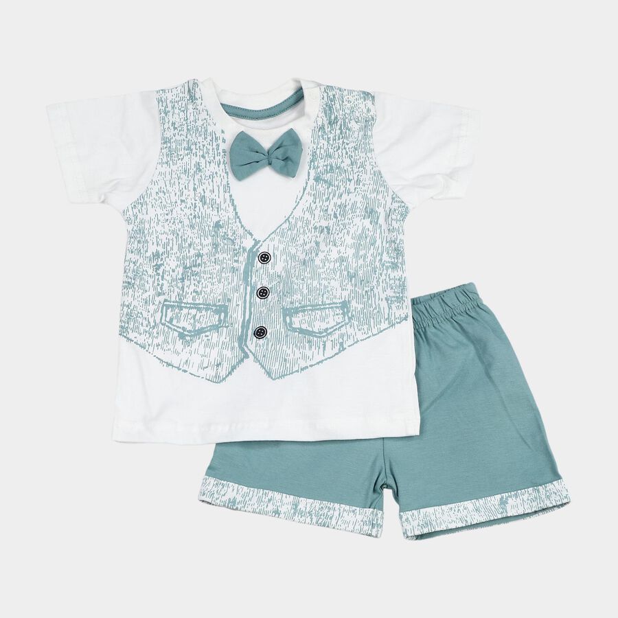Infants' Teal 100% Cotton Round Neck Printed Baba Suit, टील ब्लू, large