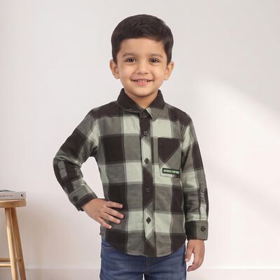 Boys Olive Green Cotton Long Sleeve Collared Shirt