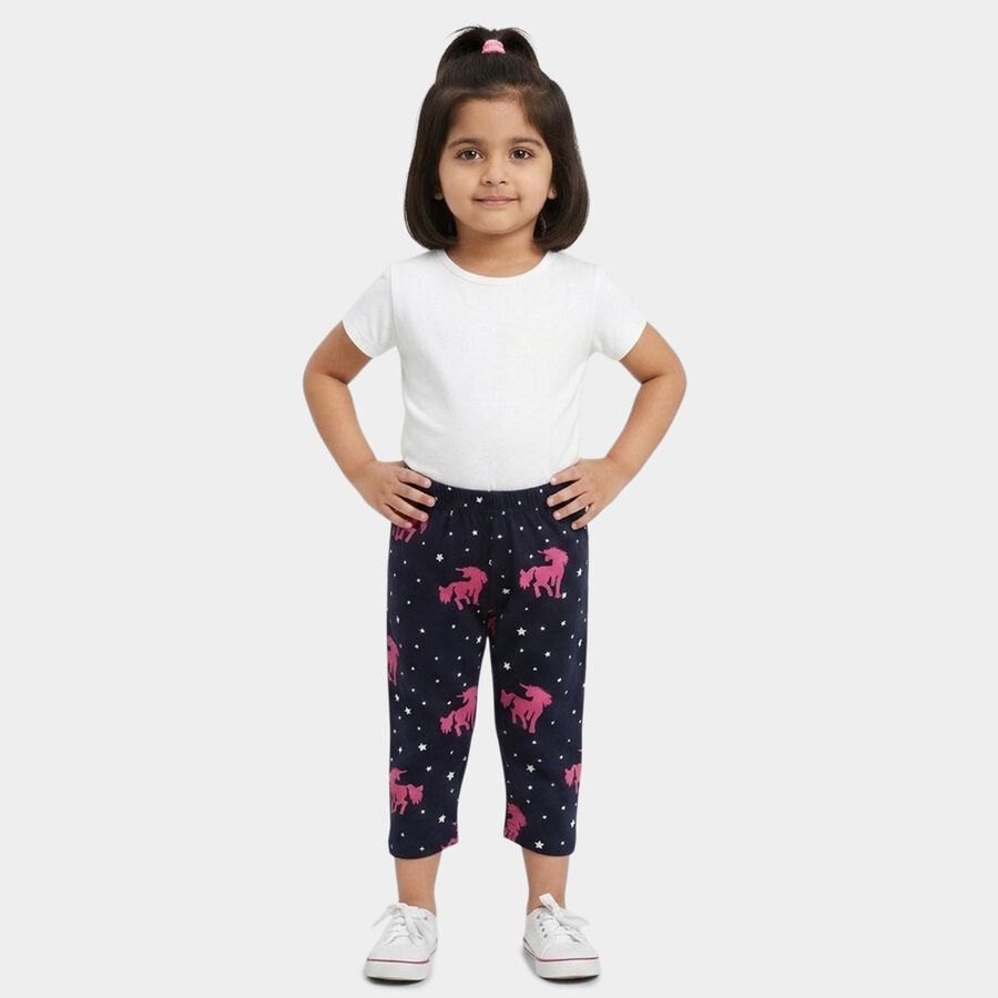 Girls' Navy Blue Regular Fit Unicorn Printed Cotton Capri, Navy Blue, large