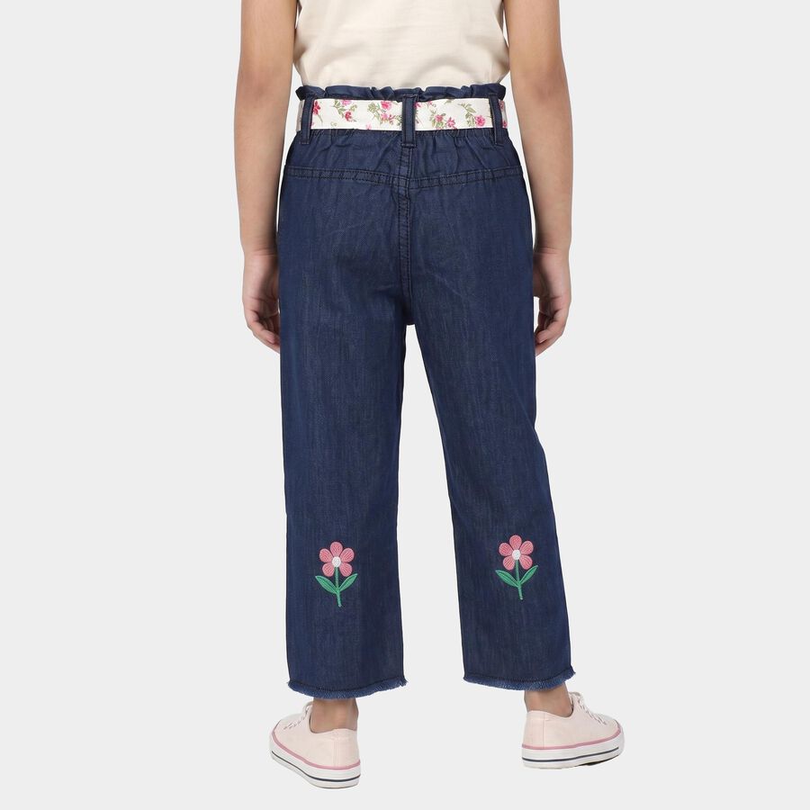 Girls' Navy Blue Straight Fit Embroidered Jeans, गहरा नीला, large